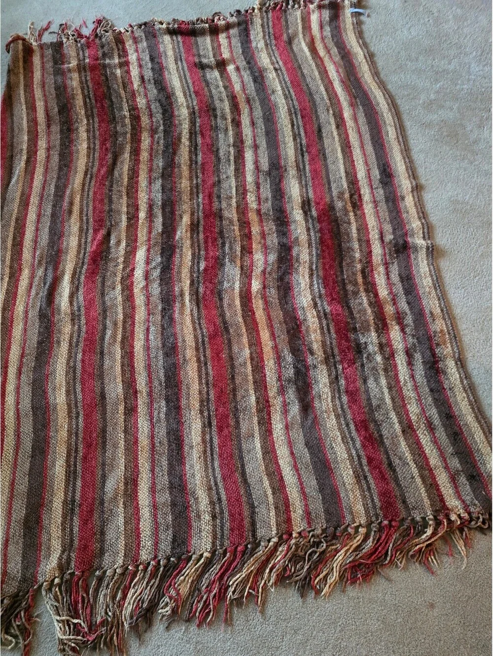 Striped Woven Throw Blanket Red Brown Tan Southwestern Style Fringe 50x67